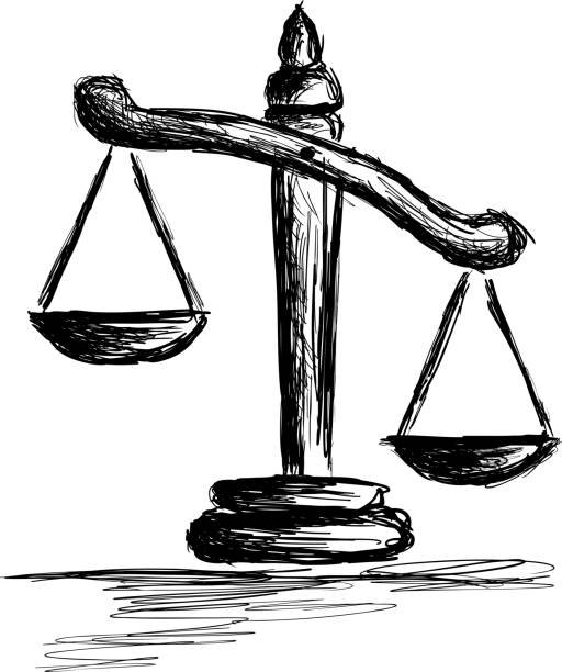 Scales of Justice, hand drawn. Vector graphic. Pencil drawing. Lawyer, judge, legislation. Symbol.