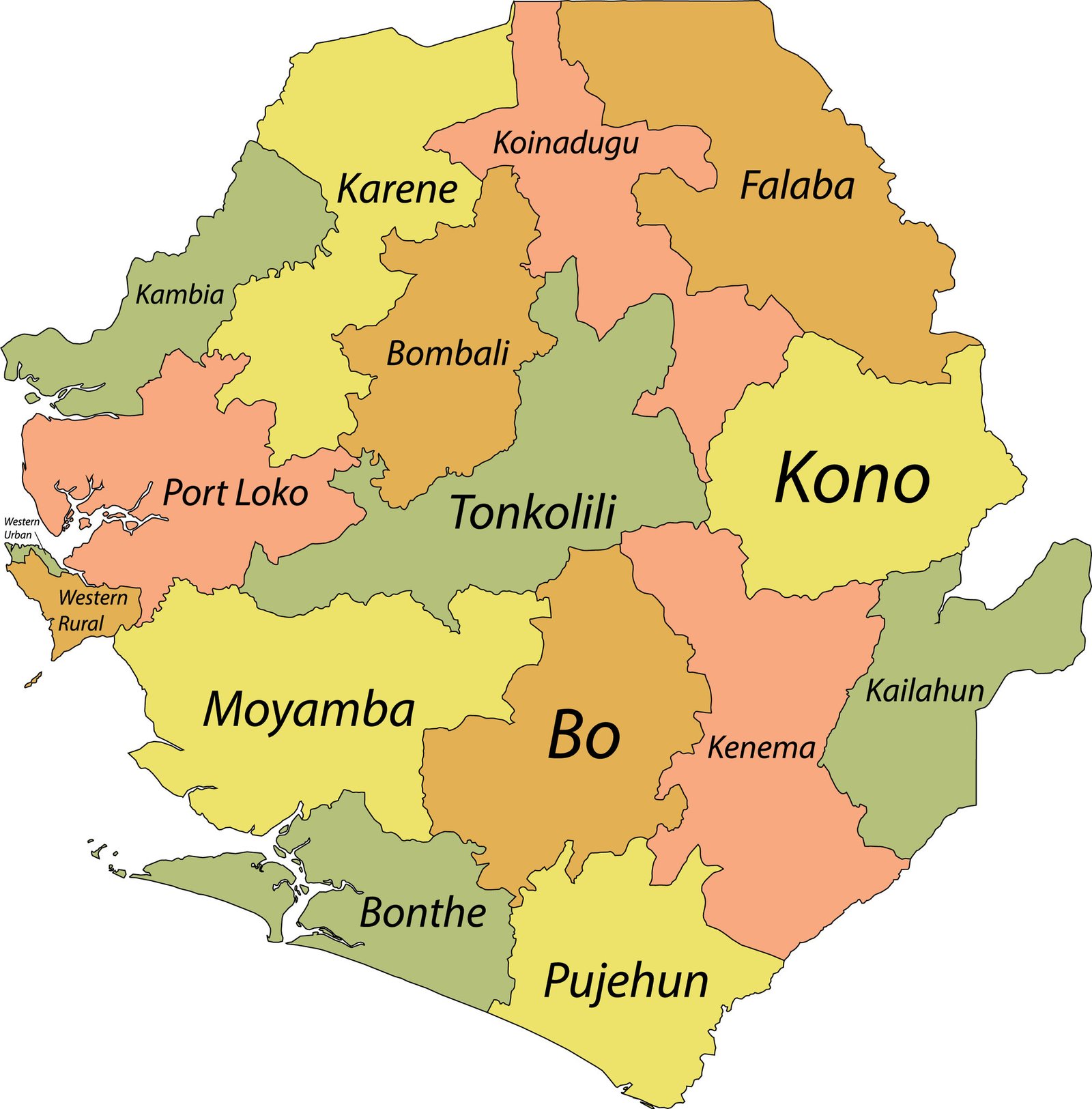 Pastel vector map of the Republic of Sierra Leone with black borders and names of its districts